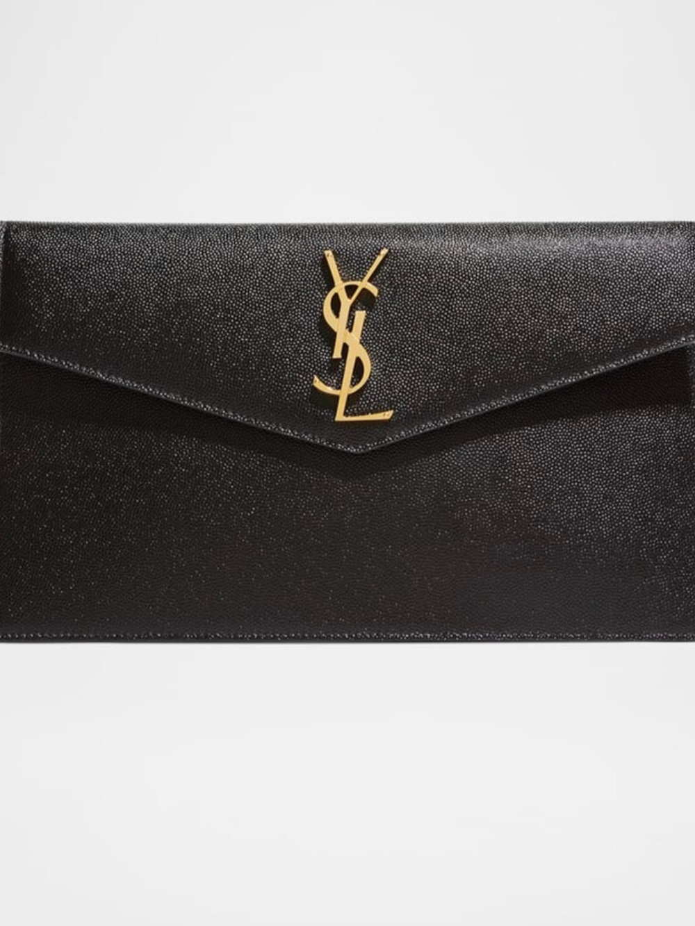 Saint Laurent Black Leather Envelope Clutch with Gold YSL Monogram